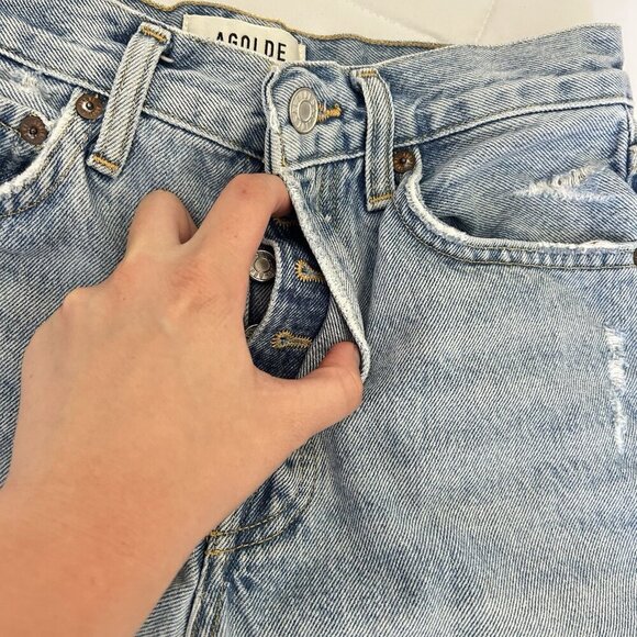 Agolde Long Parker Distressed Denim Shorts Light Wash Button-Fly Womens 24 - Picture 5 of 10